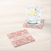 Rose Goldgold Glitzer Rosa Blüten Monogramm Rechteckiger Pappuntersetzer (Vor Ort)