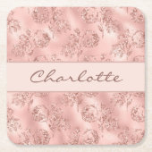 Rose Goldgold Glitzer Rosa Blüten Monogramm Rechteckiger Pappuntersetzer (Vorderseite)