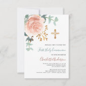 Rose Goldgrün kreuzen erste heilige Kommunion Einladung (Vorderseite)