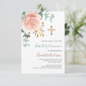 Rose Goldgrün kreuzen erste heilige Kommunion Einladung (Stehend Vorderseite)