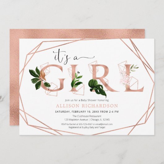 Rose Goldgrün Moderne Mädchendusche Einladung (Vorne/Hinten)