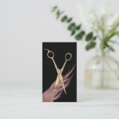 Rose Goldhaar & Schere Moderne Schwarz Visitenkarte (Stehend Vorderseite)