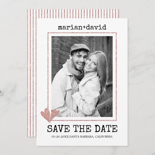 Rose Goldherzen Schreibmaschine Hochzeit Foto Save The Date (Vorne/Hinten)