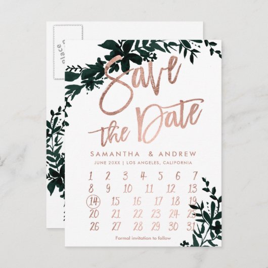 Rose Goldkalender mit Blumenblätterkalender Save t Ankündigungspostkarte (Vorne/Hinten)