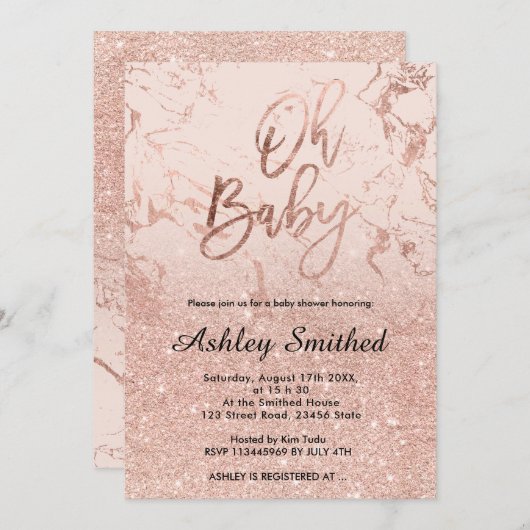 Rose Goldmarmor Glitzer Rosa ombre Oh Babydusche Einladung (Vorne/Hinten)