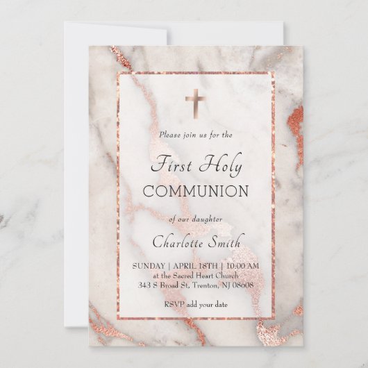 Rose Goldmarmor Hintergrund Erste Heilige Kommunio Einladung (Vorderseite)