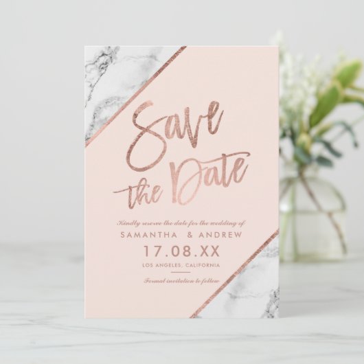 Rose Goldmarmorskript rot Rosa Save the Date (Stehend Vorderseite)