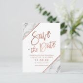 Rose Goldmarmorskript Save the Date weiß Ankündigungspostkarte (Stehend Vorderseite)