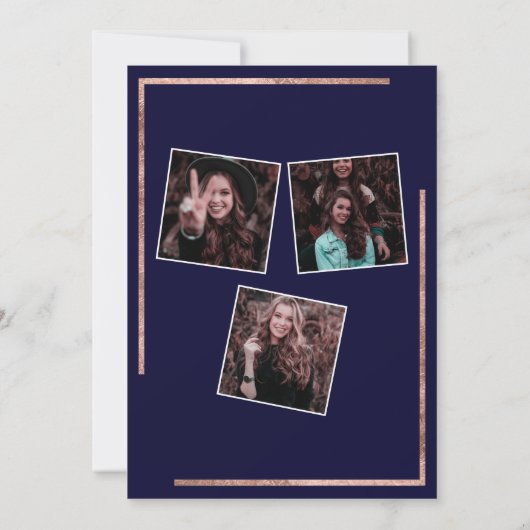 Rose Goldmedaille blaue Fotos virtueller Abschluss Einladung (Rückseite)