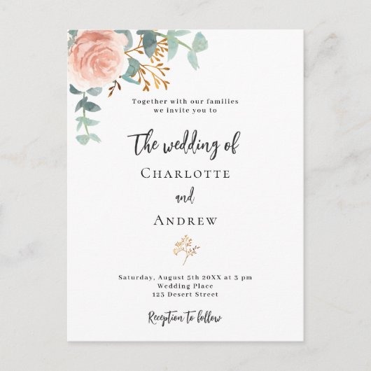 Rose Goldmedaille Eukalyptus Grüne Hochzeit Einladungspostkarte (Vorderseite)