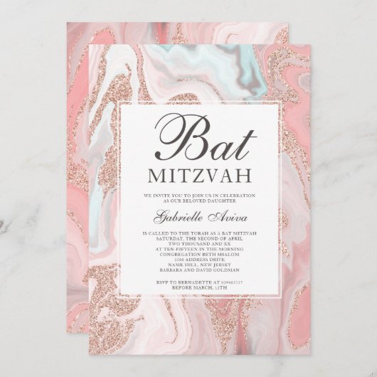 Rose Goldmedaille Glitzer Korallen rosa Marmorfled Einladung (Vorne/Hinten)