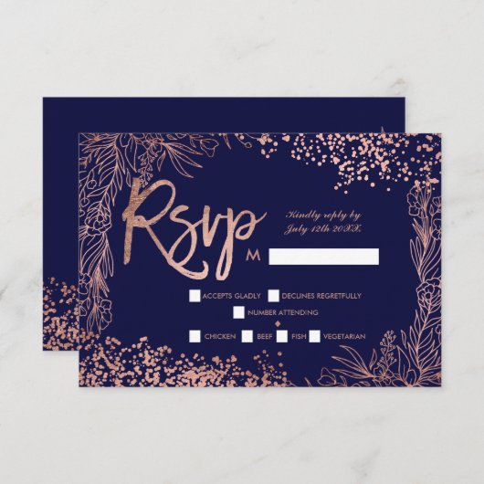Rose Goldmedaille Konfetti Blumenmarinade Blaue uA RSVP Karte (Vorne/Hinten)