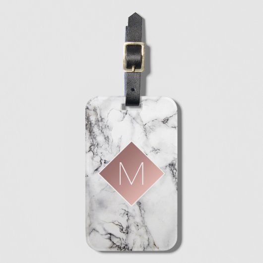 Rose Goldmonogramm auf Schwarz-weißem Marmorstein Gepäckanhänger (Vorderseite Vertikal)