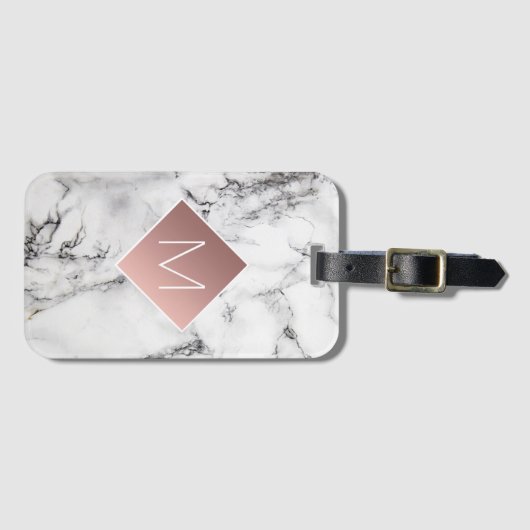 Rose Goldmonogramm auf Schwarz-weißem Marmorstein Gepäckanhänger (Vorderseite (Horizontal))