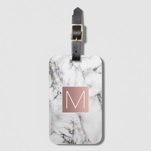 Rose Goldmonogramm aus Schwarz-weißem Stein Gepäckanhänger (Vorderseite Vertikal)