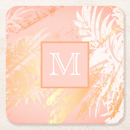 Rose Goldpalme Blätter Monogramm Rechteckiger Pappuntersetzer (Vorderseite)
