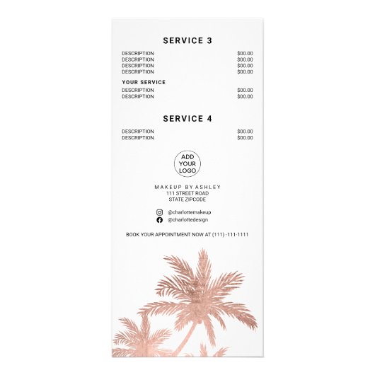 Rose Goldpalme Haar Make-up Preis Werbekarte (Hinten)