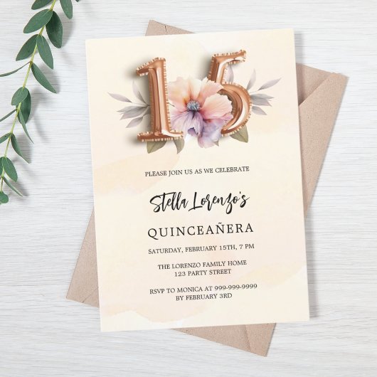 Rose Goldpfirsichblüte Quinceanera Einladung