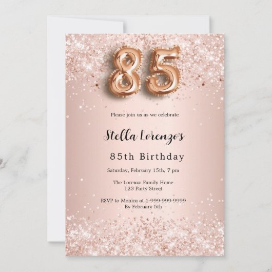 Rose Goldpinken Konfetti zum 85. Einladung (Vorderseite)