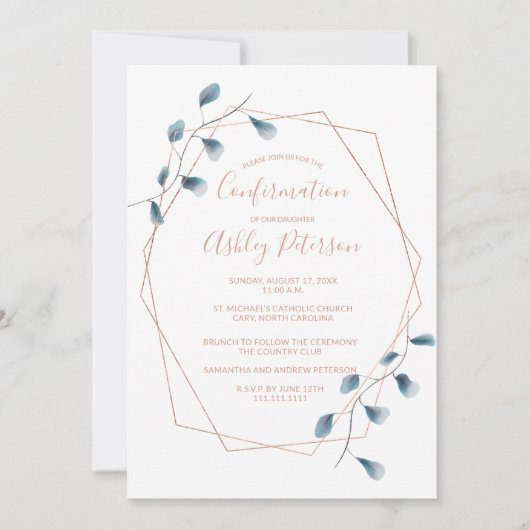 Rose Goldrahmen Aquarellfarben Blau Bestätigung Einladung (Vorderseite)