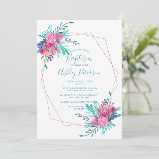 Rose Goldrahmen Aquarelltaufe Einladung (Stehend Vorderseite)