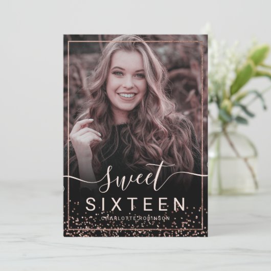 Rose Goldrahmen Konfetti Pink 5 Foto süß 16 Einladung (Stehend Vorderseite)