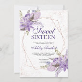 Rose Goldrahmen lila florale Aquarell Süß 16 Einladung (Vorderseite)