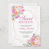 Rose Goldrahmen Rosa Blumenfarbe Sweet 16 Einladung (Vorderseite)