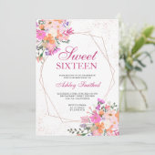 Rose Goldrahmen Rosa Blumenfarbe Sweet 16 Einladung (Stehend Vorderseite)