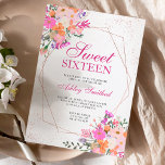 Rose Goldrahmen Rosa Blumenfarbe Sweet 16 Einladung<br><div class="desc">Rose goldener geometrischer Rahmen und Glitzer Konfetti Typografie Sweet 16 Geburtstag mit handgemalten weichen Frühling Sommerblumenblättern Zweige,  pink,  orange,  gelb lila Lavendel Blume,  perfekt für Frühjahr und Sommer Geburtstagsparty.</div>