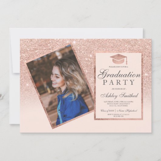 Rose Goldrahmen Schwarz Ober Foto Abschluss Einladung (Vorderseite)