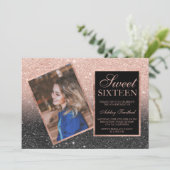 Rose Goldrahmen schwarzer Glitzer ombre Foto Sweet Einladung (Stehend Vorderseite)
