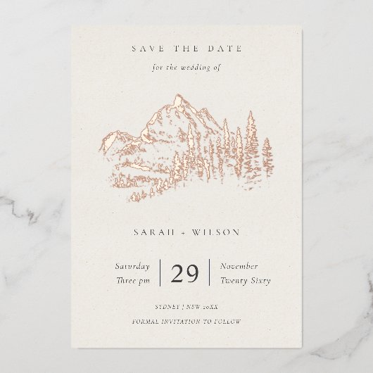 Rose Goldrausch Pine Sketch Save the Date Folieneinladung (Vorderseite)