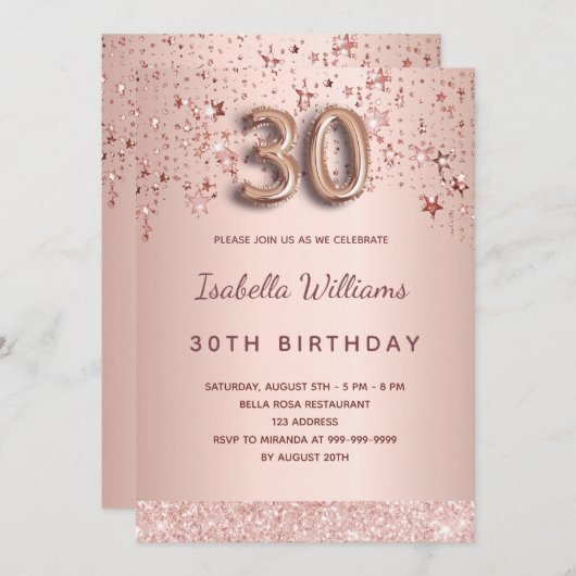 Rose Goldrosa Sterne zum 30. Einladung (Vorne/Hinten)