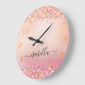 Rose Goldrot Rosa Glitzer Staubname-Skript Große Wanduhr (Winkel)