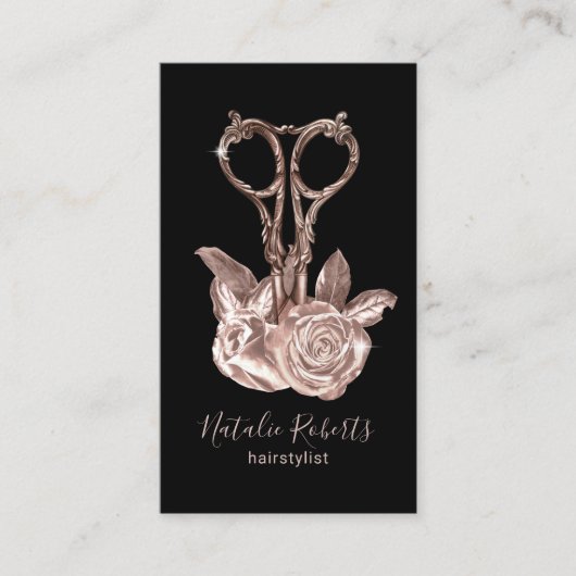 Rose Goldschere & Blume Friseur Stylist Salon Visitenkarte (Vorderseite)