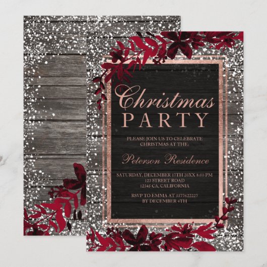 Rose Goldschrift Rotes Blattschnee Weihnachten Einladung (Vorne/Hinten)