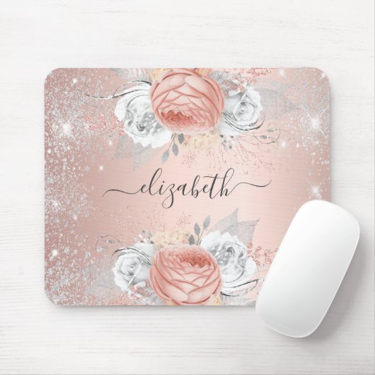 Rose Goldsilber-Glitzer Monogramm Mousepad (Mit Mouse)