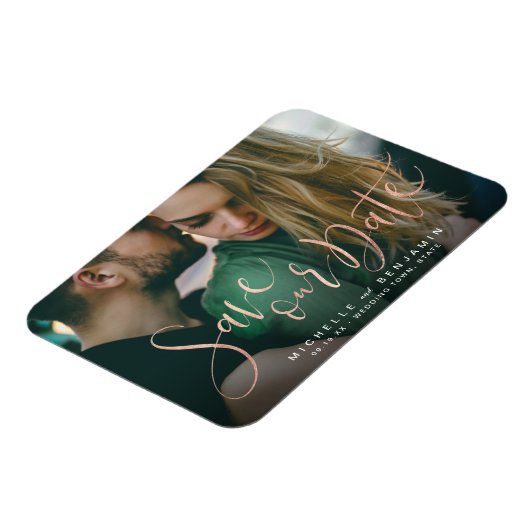 Rose Goldskript Foto Hochzeit speichern Sie das Da Magnet (Linke Seite)