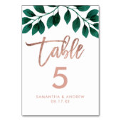 Rose Goldskriptgrün-Blattweiß-Tischnummer Tischnummer (Rückseite)