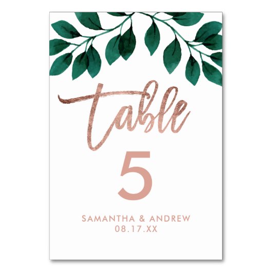 Rose Goldskriptgrün-Blattweiß-Tischnummer Tischnummer (Rückseite)