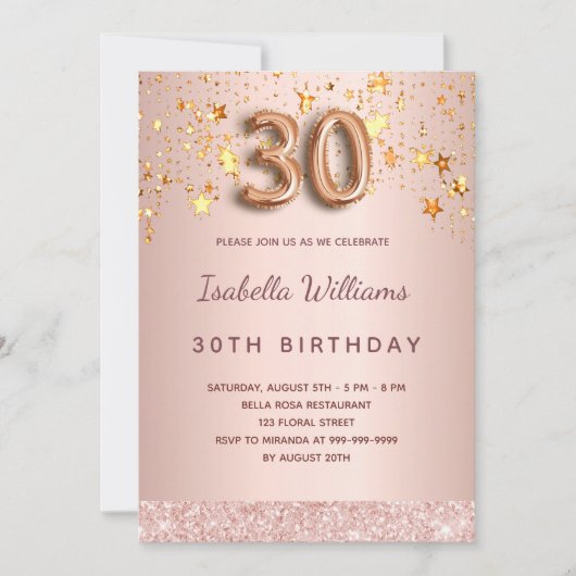 Rose Goldstars 30. Geburtstag Einladung (Vorderseite)