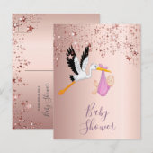 Rose Goldstars Storchendusche Einladung Postkarte (Vorne/Hinten)