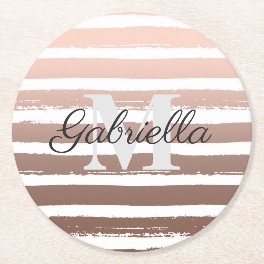 Rose Goldstreifen mit Monogramm Runder Pappuntersetzer (Vorderseite)