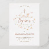 Rose Goldtext Taufe zarte Blume Folieneinladung (Vorderseite)