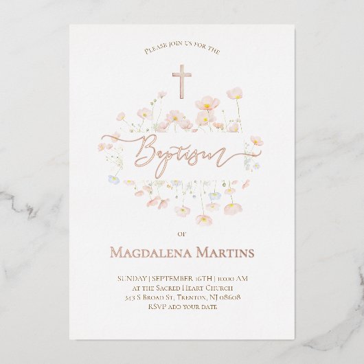 Rose Goldtext Taufe zarte Blume Folieneinladung (Vorderseite)