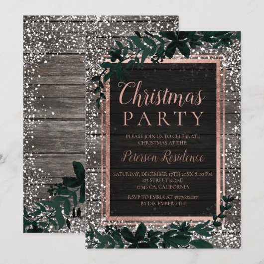 Rose Goldtypografie Blattschneeflocken Weihnachten Einladung (Vorne/Hinten)