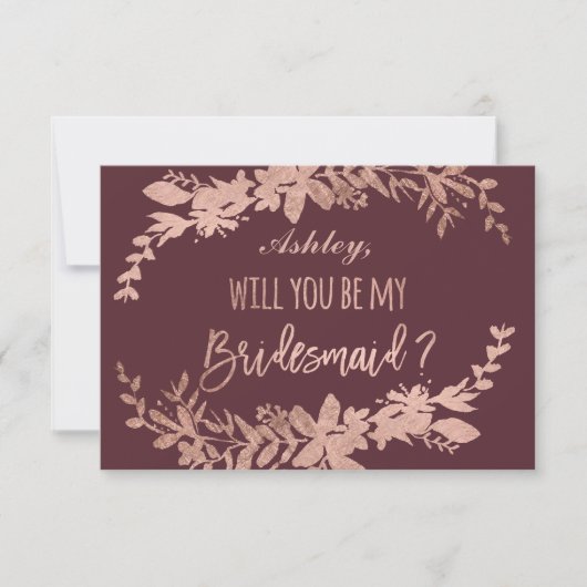 Rose Goldtypografie Blumenburgund Bridesmaid Einladung (Vorderseite)