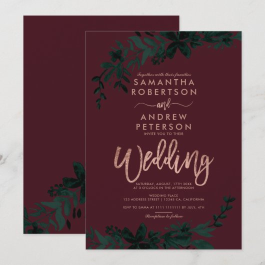 Rose Goldtypografie Blumenburgunde Einladung (Vorne/Hinten)