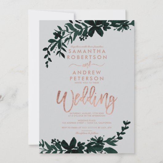 Rose Goldtypografie Blumengrau Einladung (Vorderseite)